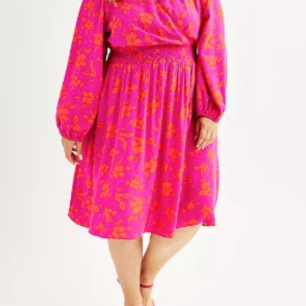 Draper James Fuchsia Pink and Orange Floral Long-Sleeve Dress